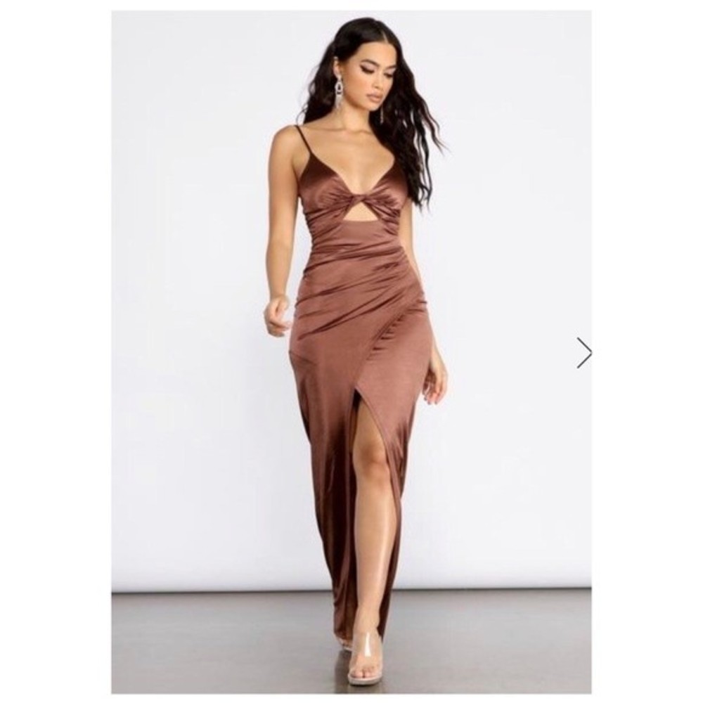 Brown Satin Front Knot Maxi Dress